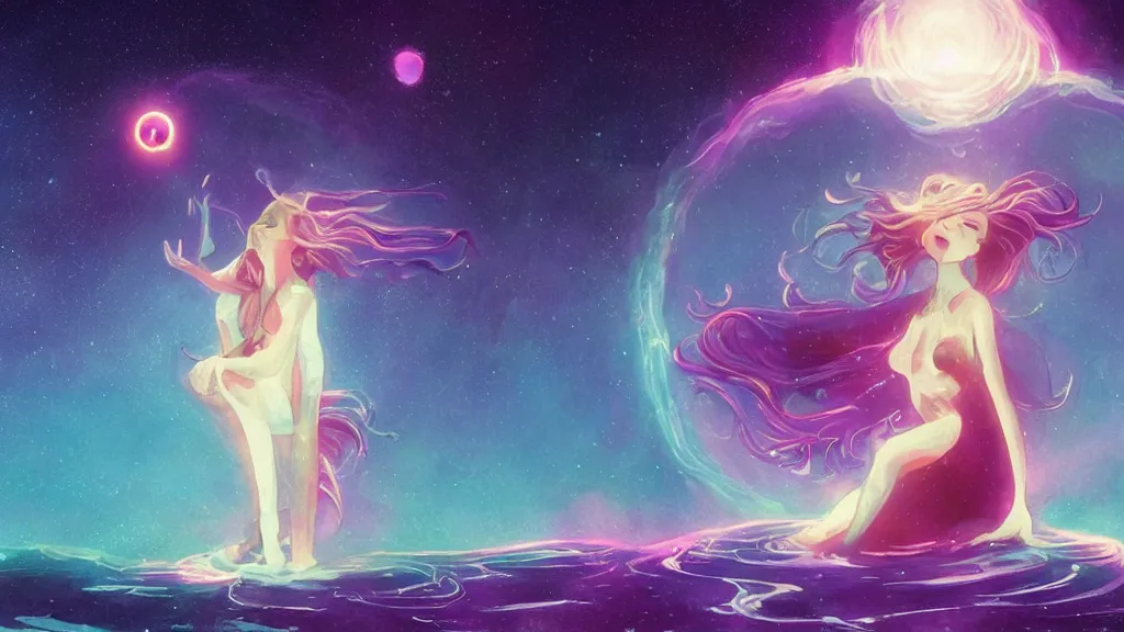 Image similar to a beautiful whimsical goddess floating above a lake basking in the moonlight, casting a spell, underneath a multi-colored binary blackhole with an accretion disc, glowing trails following her arms, acidwave, by Lois van Baarle, by Greg Rutkowski, by artgerm, by beeple, by studio ghibli, cinematic angle, volumetric lighting, 4k resolution, octane render, trending on artstation, masterpiece