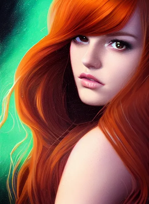 Image similar to full body portrait of teenage cheryl blossom, bangs, green eyes, sultry expression, red hair, sultry smirk, bangs and wavy hair, bangs, intricate, elegant, glowing lights, highly detailed, digital painting, artstation, concept art, smooth, sharp focus, illustration, art by wlop, mars ravelo and greg rutkowski