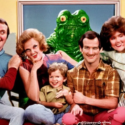 Image similar to vintage 1 9 8 0's sitcom, a happy photogenic family and a large giant evil wet slimy detailed monstrous creature inside a 1 9 8 0's sitcom living room