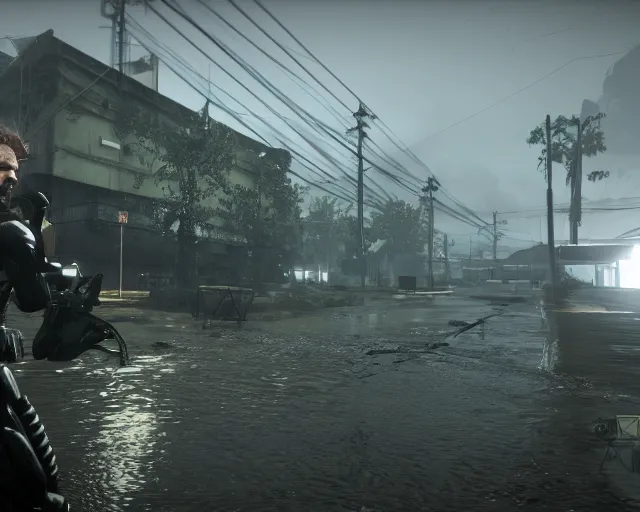 Image similar to Metal Gear Solid V: Ground Zeroes 4K screenshot max settings wet rainy dark reflections