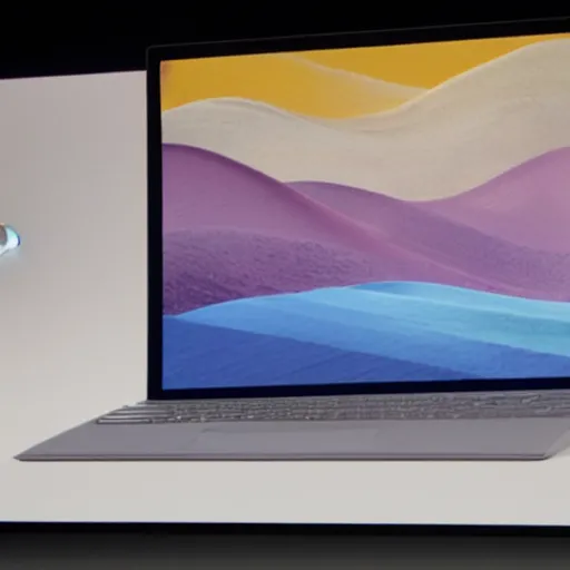 Prompt: Steve Jobs unviels the new surface laptop at a microsoft event