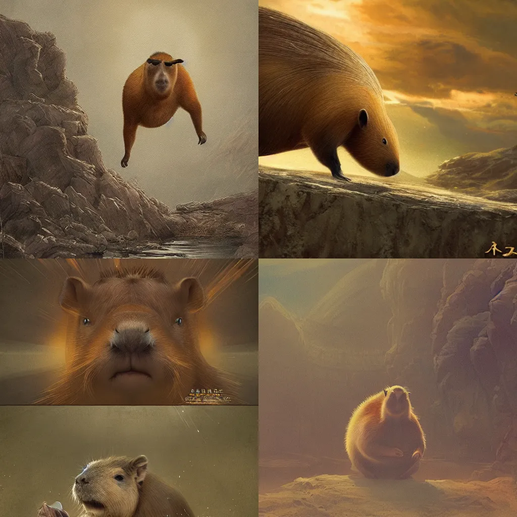 Prompt: A capybara achieving godhood, glorious, epic, cinematic, by Fenghua Zhong