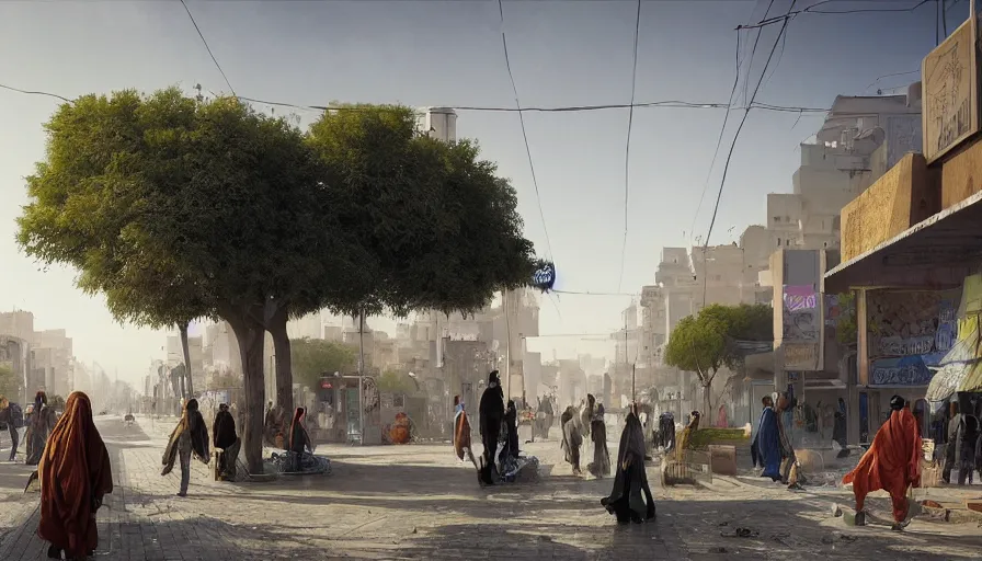 Image similar to modern jeddah city street, roshan, shops, a bright pharmacy, a nomad wearing a worn out coat, plants, tree, dramatic lighting, sci fi, by caspar david friedrich by james gilleard and justin gerard, centered, artstation, smooth, sharp focus, photoreal octane render, by jean baptiste monge, gustave dore, deviantart