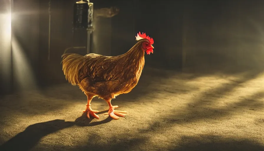 Image similar to A chicken in a movie, cinematic shot, sun beams