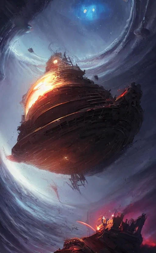 Image similar to a beautiful illustration of a black hole devouring a pirate ship in a galactic nebula, art of greg rutkowski and magali villeneuve and artgerm, featured on artstation, vertical orientation, paint brush strokes