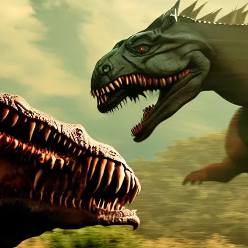 Image similar to cinematic shot of the joker riding on a t - rex in the wild, 8 k, very detailed,