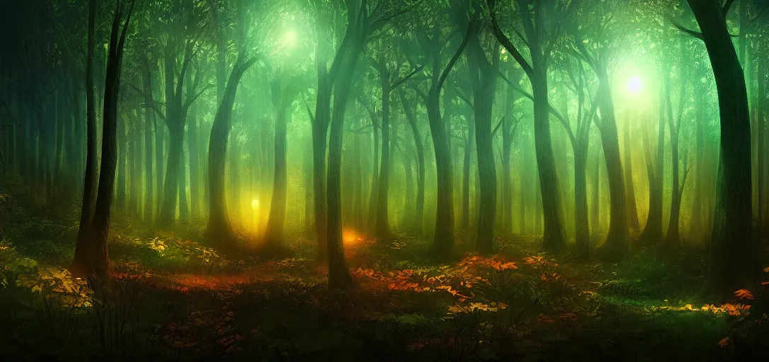 Prompt: beautiful glowing forest at night, futuristic, magical feeling, detailed, digital art