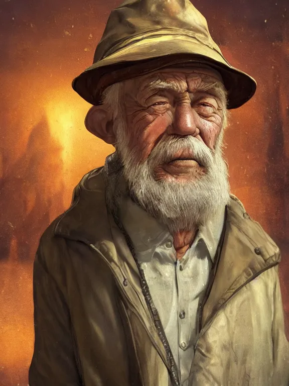 Prompt: realistic renderings portrait of very old fisher man portrait with a hat, wearing a fisher 🧥, port scene background, astonishing scenes, detailed, photorealism, volumetric lighting, autumn lights colors, ultra detailed