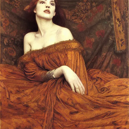 Image similar to preraphaelite photography reclining on bed, a hybrid of judy garland and a hybrid of madame de sevigne and eleanor of aquitaine, aged 2 5, big brown fringe, yellow ochre ornate medieval dress, john william waterhouse, kilian eng, rosetti, john everett millais, william holman hunt, william morris, 4 k