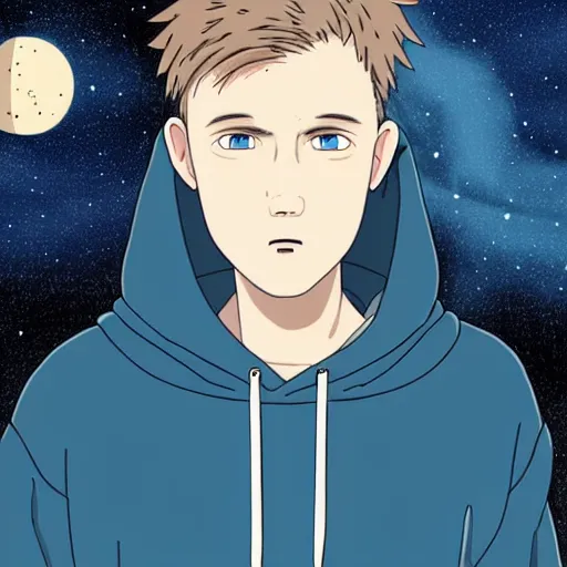 Prompt: Guy with dark blonde hair and blue eyes wearing a hoodie in space, Spirited away, astonishing background, detailed face, centred