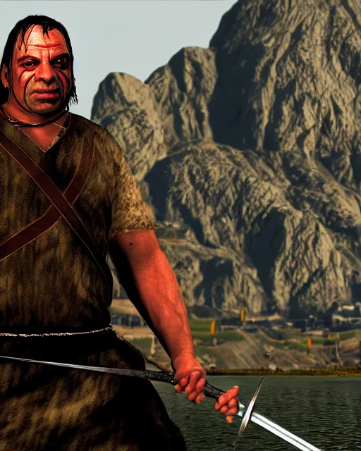 Prompt: Uruk Hai from Lord of the rings in GTA V loading screen, GTA V Cover art by Stephen Bliss, boxart, loading screen,