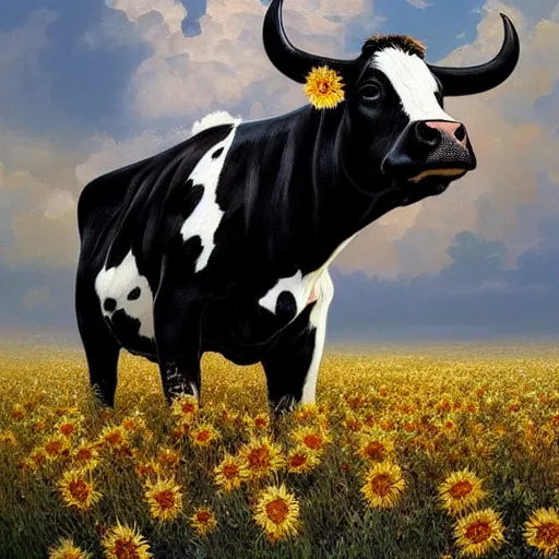 Image similar to portrait of black and white cow, field of sun flowers landscape, rich vivid colors, fantasy, intricate, elegant, highly detailed, digital painting, artstation, concept art, matte, sharp focus, illustration, art by Artgerm and Greg Rutkowski and Alphonse Mucha