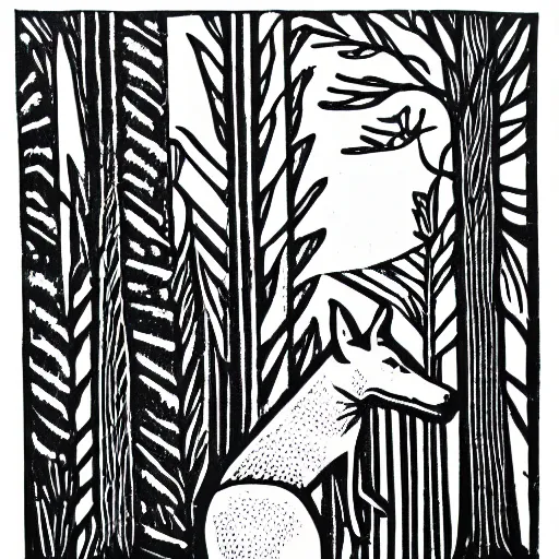 Prompt: linocut, black and white, greyhound in a forest