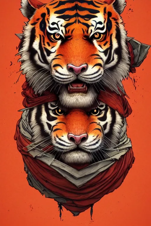 Prompt: full body portrait of anthropomorphic tiger, growling, strong and ferocious, red tattered bandana by artgerm, cushart krenz, greg rutkowski, mucha. art nouveau. gloomhaven, full body tiger fur, blue tonal background, vibrant colors, sharp edges. ultra clear detailed. 8 k. elegant, intricate, octane render