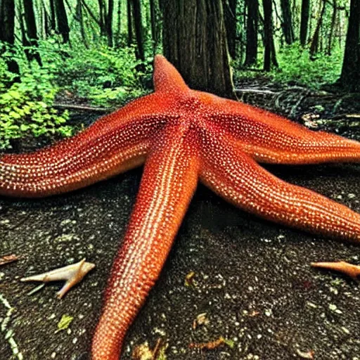 Image similar to a weird giant starfish in the forest caught on trailcam nightvision footage camera, grainy low quality