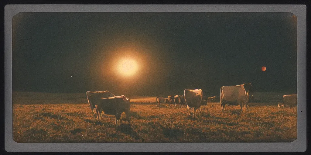 Image similar to detailed medium format photo, polaroid still from tarkovsky movie, a ufo beaming up a cow, at dusk near a small farmhouse, haze, high production value, intricate details, 8 k resolution, hyperrealistic, hdr, photorealistic, high definition, tehnicolor, award - winning photography, masterpiece, amazing colors