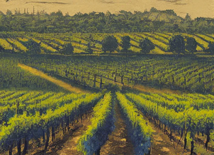 Image similar to blue woodcut vineyard landscape by greg rutkowski, fine details, highly detailed