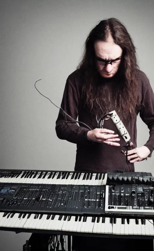 Prompt: portrait of extremely frustrated male electronic serialist compser with long brown hair in front of his broken synthesizer, all ruined, expressionist photo, masculine, brutal