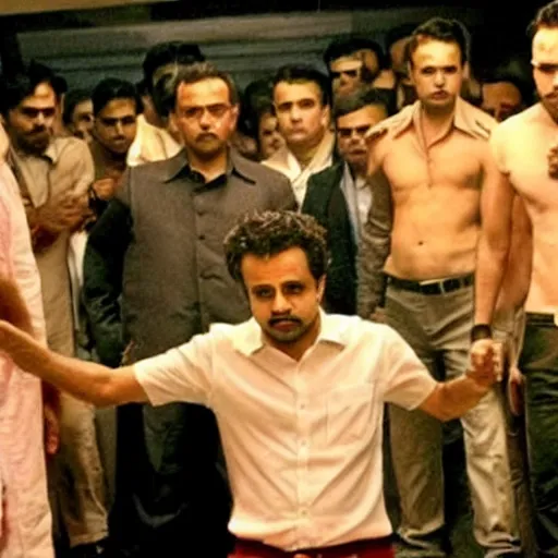 Prompt: narendra modi in fight club, surrounded by a lot of people, a still from the movie fight club 8 k