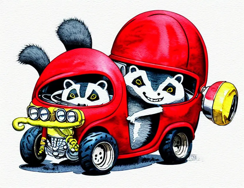 Image similar to cute and funny,'racoon wearing a red helmet'riding in a tiny hot rod with oversized engine, ratfink style by ed roth, centered award winning watercolor pen illustration, isometric illustration by chihiro iwasaki, edited by range murata, tiny details by artgerm and watercolor girl, symmetrically isometrically centered