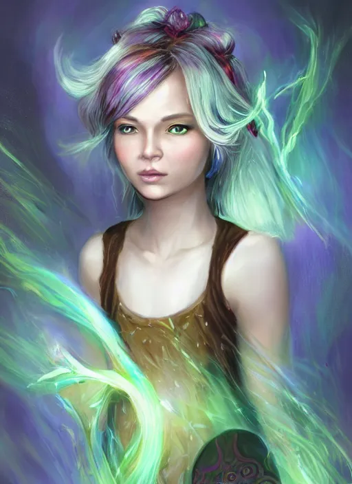 Image similar to Portrait of young female sorcerer, D&D fantasy, her hair is green and styled in a Bob Cut, magic particles fly from her hands, she has a distant expression, and is wearing a shirt and vest. A pixie with blonde hair floats above her shoulder. Intricate, highly detailed, digital painting, artstation, concept art, sharp focus, illustration, art by greg rutkowski and Ross Tran