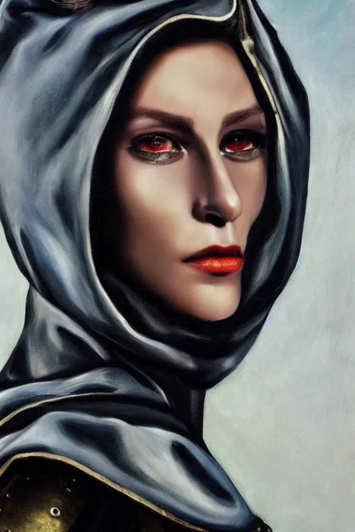 Image similar to hyperrealism oil painting, close - up portrait of european medieval brunette vampire fashion model, knight, steel gradient mixed with nebula sky, in style of baroque