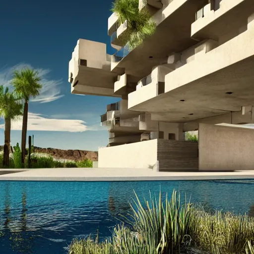 Image similar to architectural rendering of habitat 6 7 in the desert, biophilia mood, pool, garden, highly detailed, cinematic,