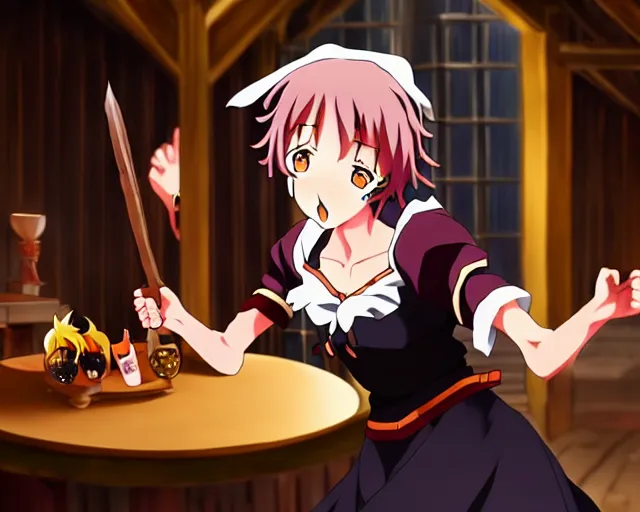 Image similar to key anime visual portrait of a young female witch in a tavern interior defending a companion, dynamic pose, dynamic perspective, cinematic, dramatic lighting.