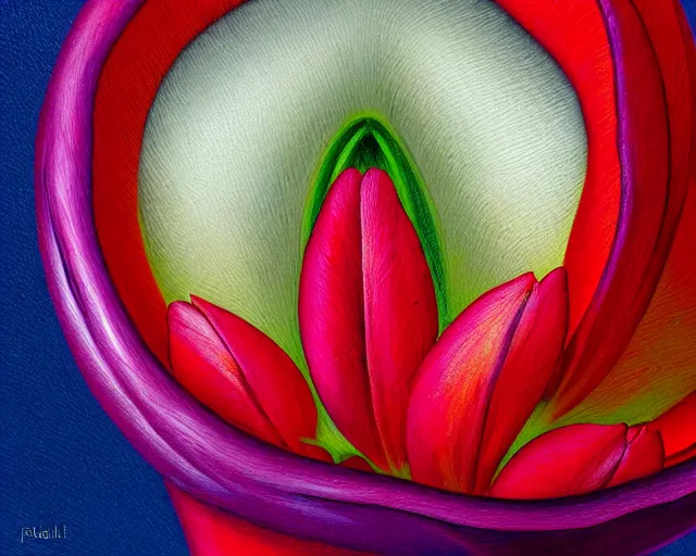 Image similar to rule of thirds intricate detail inside the tulip on a table, an ultrafine detailed painting by rafal olbinski, behance contest winner, pop surrealism, detailed painting, very detailed, minimalist, skeuomorphic, airbrush art