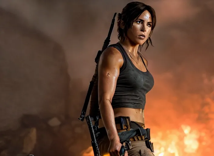 Image similar to film still of!!!! chloe bennett!!! as lara croft in new tomb raider movie, 8 k