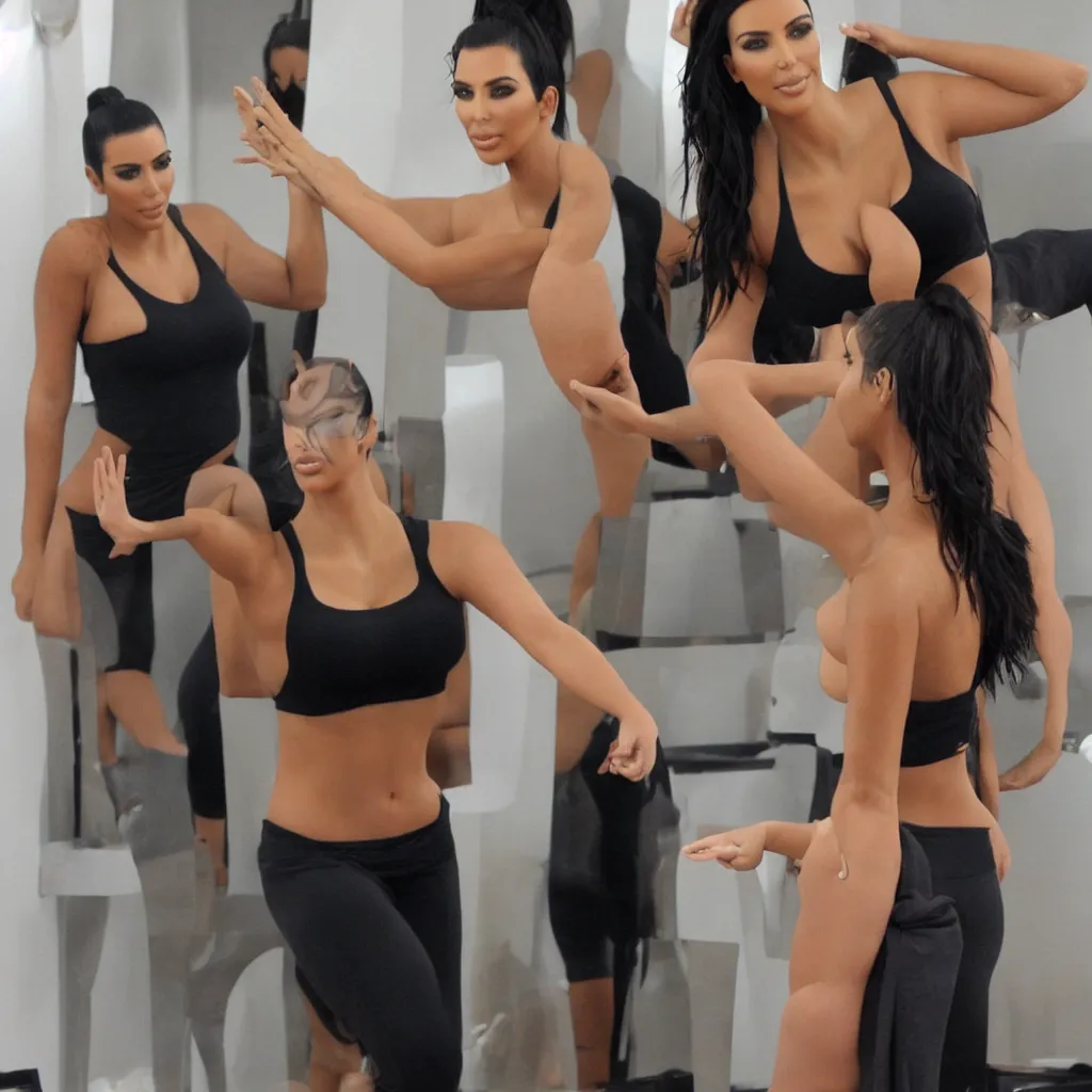 Image similar to kim kardashian in a modeling studio, yoga pose, hd, tan, camisole, body shot