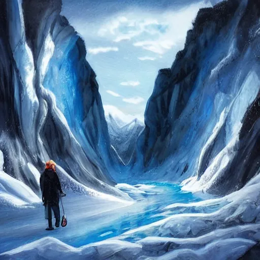 Prompt: A majestic ice cave a river and mountains. A small group of birds is flying in the sky. Harsh winter. very windy. There is a man walking in a deep snow.Camera is positioned behind the man. Cinematic, very beautiful, painting in the style of Lord of the rings