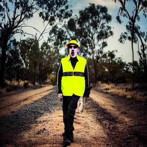 Image similar to Marilyn Manson, wearing hi vis clothing, in the Australian outback, portrait photography, bokeh, depth of field, 4k