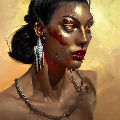 Image similar to detailed oil portrait of tall muscular shining bronze - skinned warrior cat with silver eyes, with short wavy flowing black hair and big gold earrings, jewelry, red lipstick, makeup, feminine, volumetric lighting, dynamic composition, art by sachin teng and sergey kolesov and ruan jia and heng z, scifi, concept art