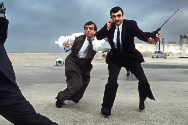 Prompt: mr bean from 1 9 9 0 s as james bond in an action scene fighting a villain, professional photography, 8 k, cinematic