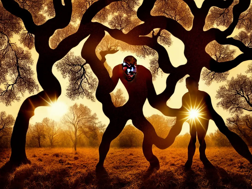 Prompt: award - winning color photo of a skinned man painfully transforming into an oak tree, screaming in agony, a blinding sun in the background, the soil is on fire, chiaroscuro, awe, terror, beauty