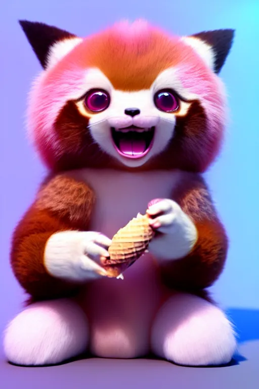 Image similar to high quality 3 d render hyperrealist very cute pastel fluffy! red panda & tarsier hybrid eating giant ice cream full body, vray smooth, in the style of detective pikachu, hannah yata charlie immer, very dramatic pink light, low angle, uhd 8 k, shallow depth or field