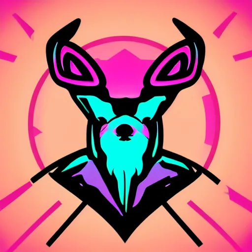 Image similar to logo for evil corporation that involves deer, retro pink synthwave style, retro sci fi