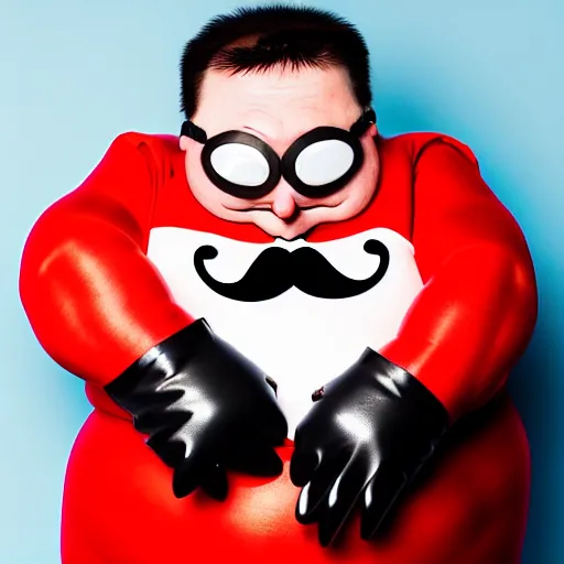 Image similar to a round fat man in a red jumpsuit, wearing shiny black goggles, long pointy pink nose, long spikey brown moustache, large cartoonish hands with white gloves, evil villain grin, high tech