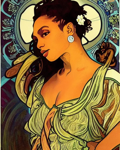 Image similar to a portrait painting of ( ( ( beyonce ) ) ) in the style of alphonse mucha!!!