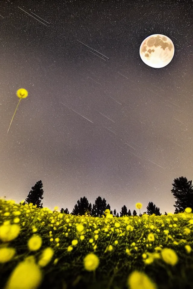 Prompt: low angle, shot from below. two very large moons in night sky. long exposure milky way in the night sky. meteor shower. field of big frozen yellow flowers. f 1. 8 lens, lens flare, bokeh. long exposure. high detail
