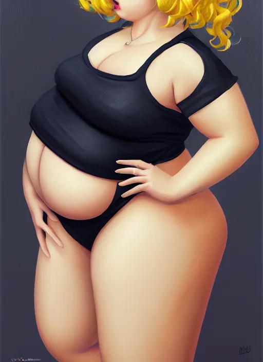 Image similar to full body portrait, teenage betty cooper, blonde hair, obese, bangs, ponytail, sultry, realistic, sultry smirk, fluffy bangs, curly bangs, fat, belly, beautiful girl, intricate, elegant, highly detailed, digital painting, artstation, concept art, smooth, sharp focus, illustration, art by wlop, mars ravelo and greg rutkowski