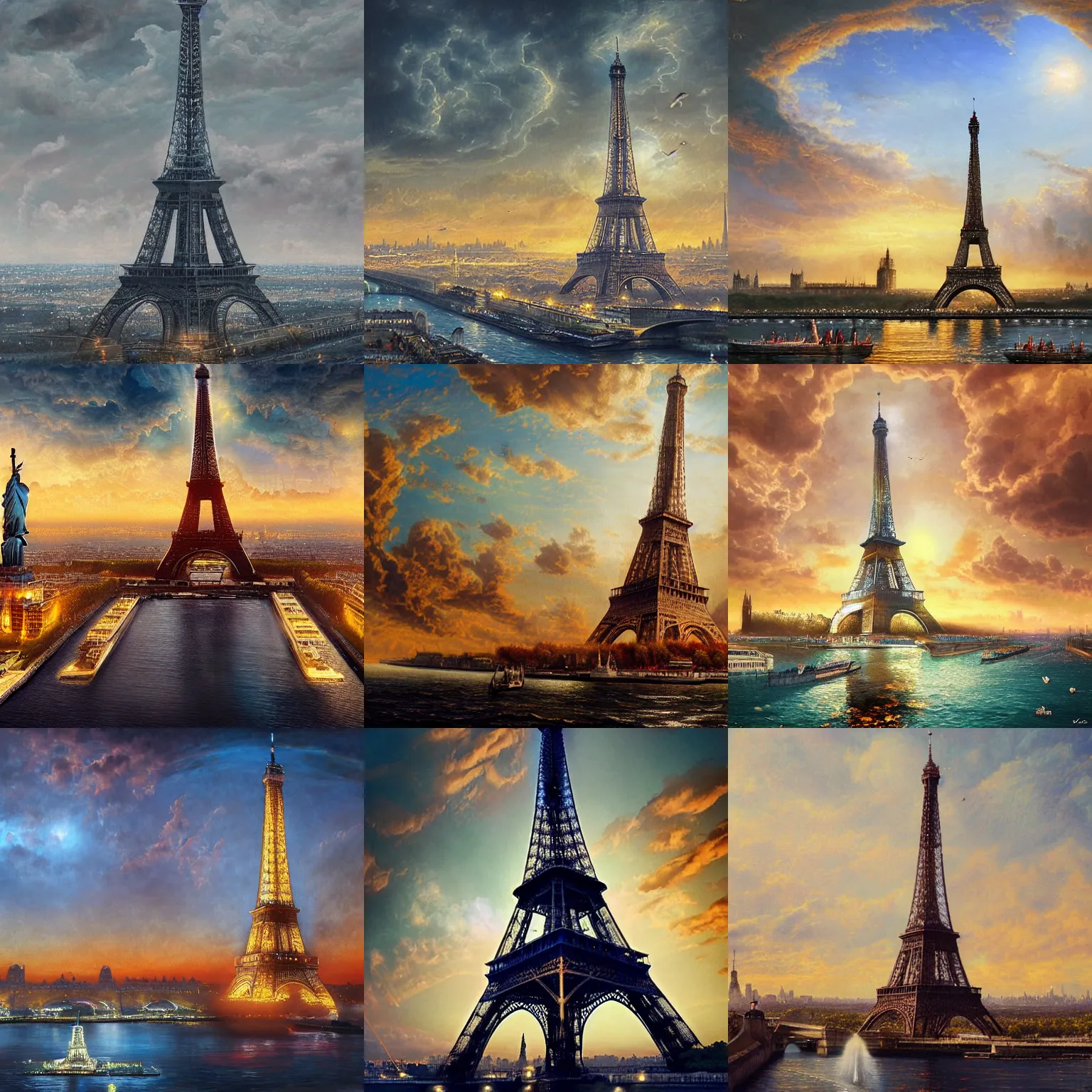 Prompt: Eiffel tower and Statue of Liberty and Big Ben, extravagant matte painting, highly detailed oil painting, 8k, devastatingly beautiful atmosphere, elegant cinematic fantasy art, overwhelming depth and detail, magic, vibrant colors, intricate masterpiece