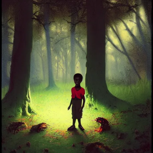 Prompt: a cinematic detailed painting of a black kid in the woods, volumetric light, surrealism, highly detailed, realistic, retro, in the style of francis bacon and james jean, trending on artstation, painting by Edward Hoper, colorful, realistic, smooth, octane render