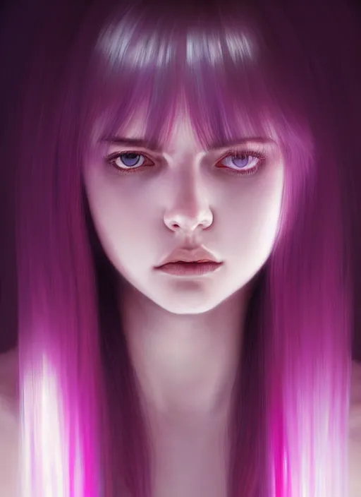 Image similar to hair whitebangs hair, black hair, whitebangs, portrait of teenage girl with white bangs, red irises, purple clothes, white bangs, bangs are different color from hair, intricate, elegant, glowing lights, highly detailed, digital painting, artstation, concept art, smooth, sharp focus, illustration, art by wlop, mars ravelo and greg rutkowski