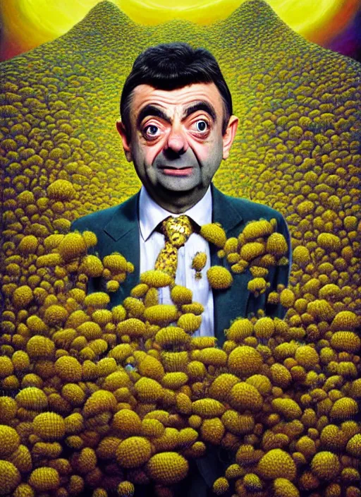 Image similar to hyper detailed 3d render like a Oil painting muted colors - slightly silly portrait of Rowan Atkinson cross eyed as Mr. Bean atop his yellow beetle in Aurora seen tickling of the Strangling network of yellowcake aerochrome and milky Fruit and Her delicate Hands hold of gossamer polyp blossoms bring iridescent fungal flowers whose spores black the foolish stars by Jacek Yerka, Mariusz Lewandowski, Houdini algorithmic generative render, Abstract brush strokes, Masterpiece, Edward Hopper and James Gilleard, Zdzislaw Beksinski, Nicoletta Ceccoli, Wolfgang Lettl, hints of Yayoi Kasuma, octane render, 8k