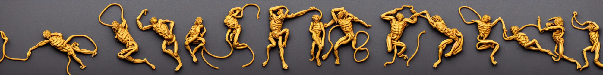 Image similar to long line-up of laocoon and his sons struggling with twisted golden wire, intertwined full body view, plastic injection mold toys, product photography, black background