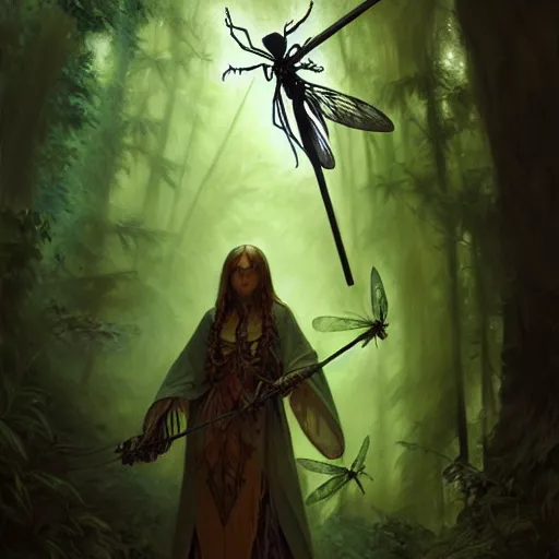 Image similar to photo of skeleton wizard with magic stick and dragonfly wings in the forest, highly detailed, digital painting, artstation, smooth, sharp focus, illustration, art by artgerm and greg rutkowski and alphonse mucha