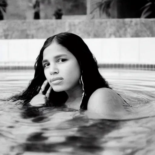 Image similar to clear photo of a beautifu and youngl female native american singer with long dark hair in a pool taken in 1 9 7 6, black and white photography, high quality, 7 0 s style photography, pool