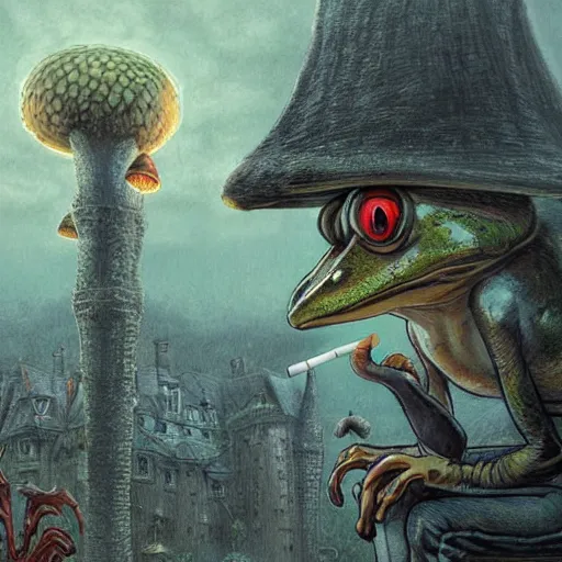 Image similar to A portrait of a scary godlike anthropomorphic frog smoking a cigarette , mansion made of mushrooms in background . award winning. superb resolution. in the art style of junji Ito and greg rutkowski . Detailed Mushroom city in background. Hyper realistic anime. Perfect art. Dalle2